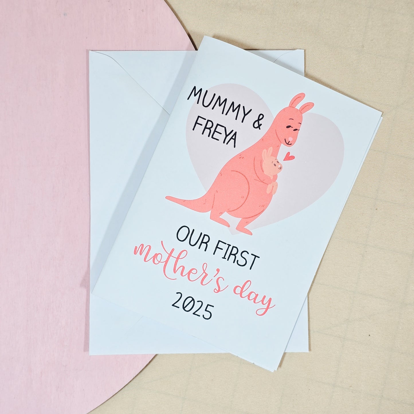 Personalised First Mother’s Day card featuring a mummy and baby kangaroo, with custom name and year, A6 size with envelope.