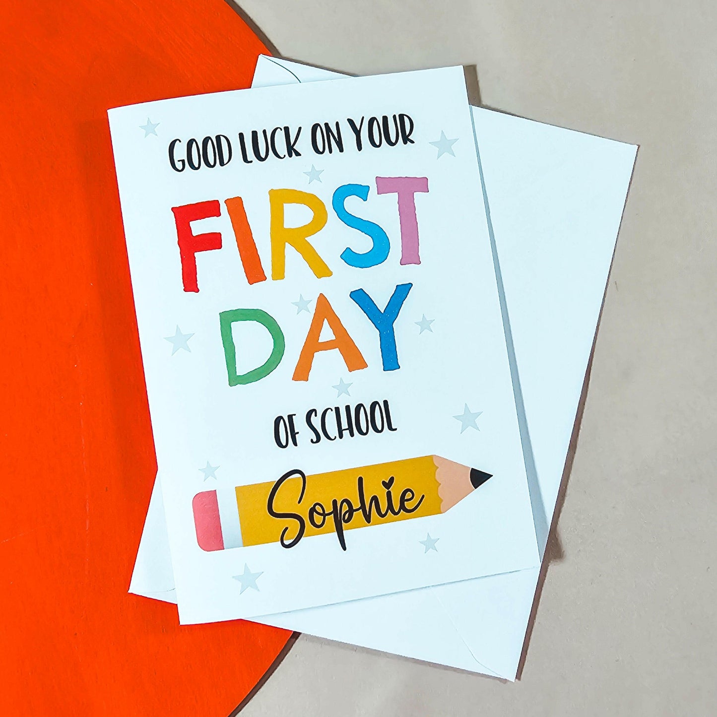 Personalised Good Luck on Your First Day of School Card - Milestone Card - Colourful Stars and Pencil - Back to School Greeting