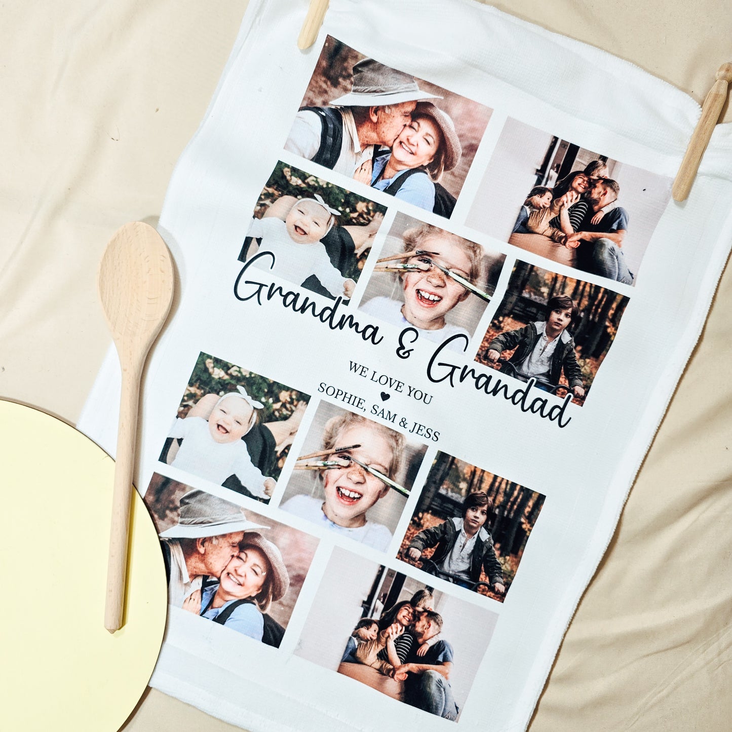 Personalised tea towel with up to 10 custom photos and main text through the centre, perfect for adding a personal touch to your kitchen.
