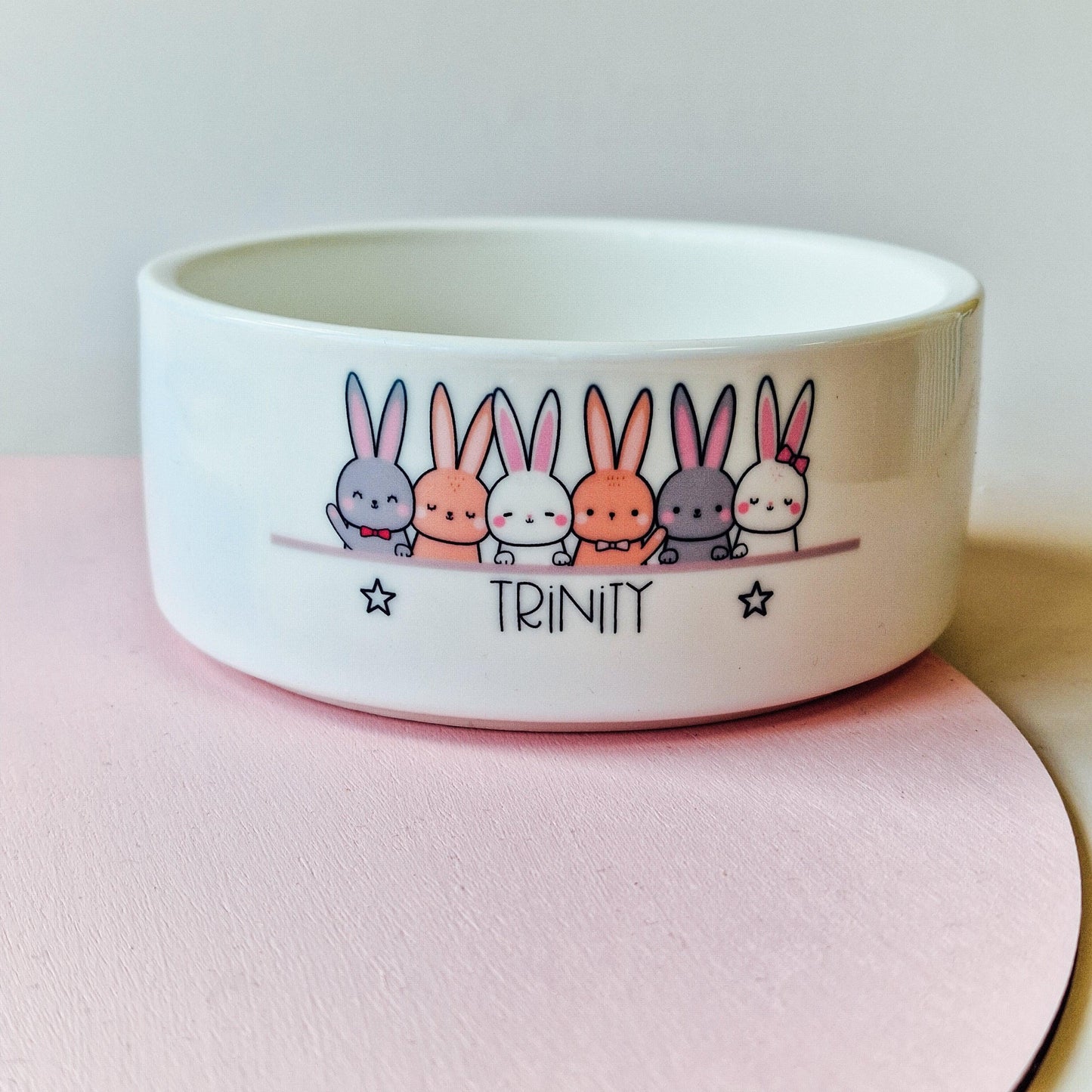 Pet bowl featuring colourful rabbits lined up with the pet’s name and two stars on either side, available in small, medium, and large sizes, ideal for small pets.