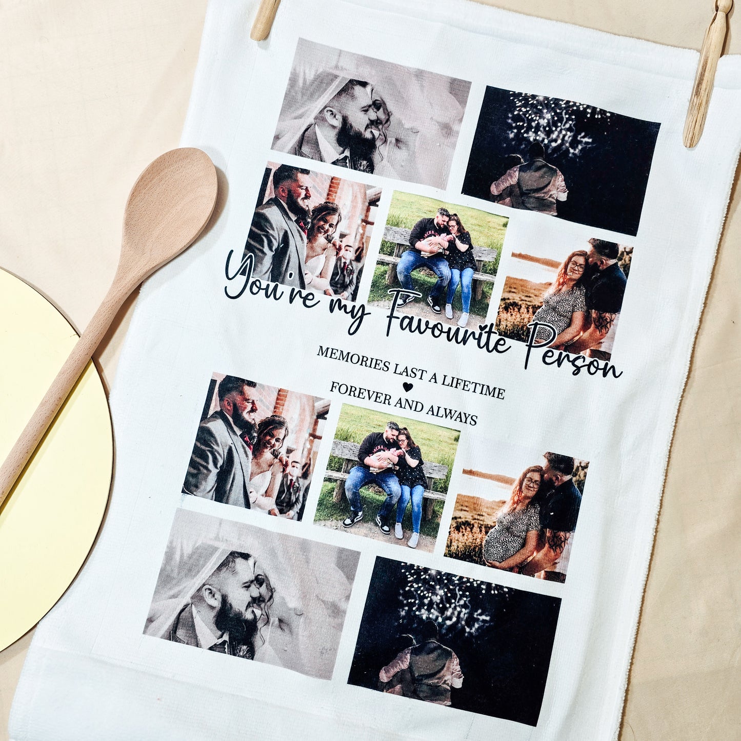 A personalised tea towel featuring a photo collage of up to 12 images, with larger and smaller customisable text. Ideal for anniversaries or Valentine’s Day.