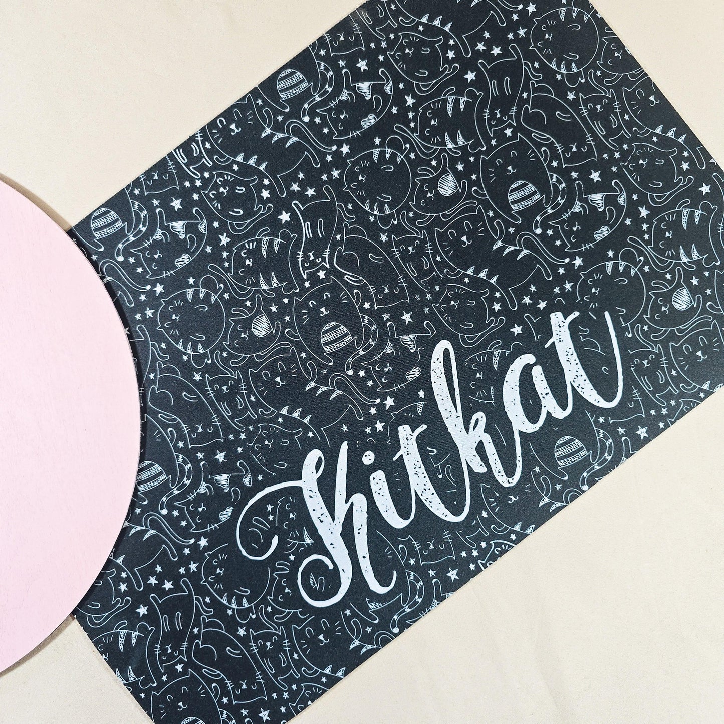 Personalised cat pet mat featuring various cat drawings with the cat's name printed in the center. Ideal for a cat's feeding or resting area.