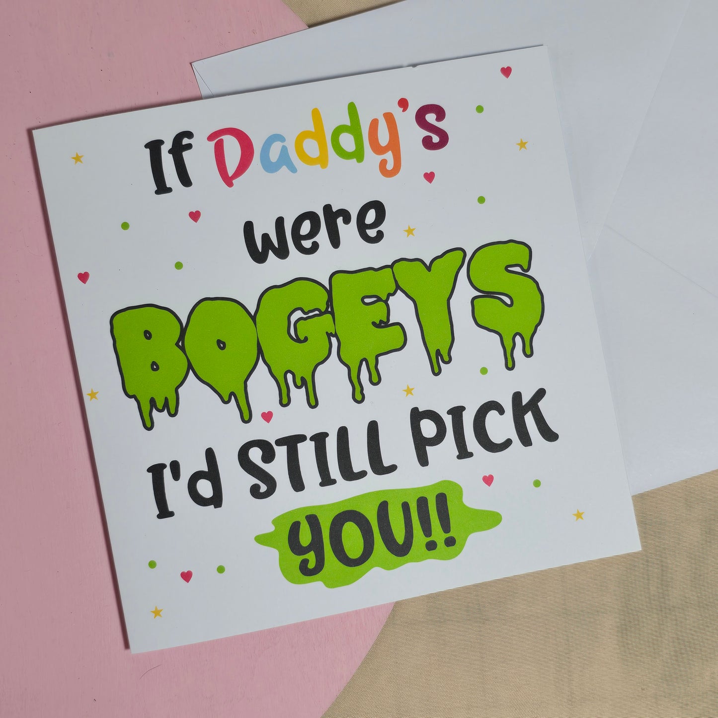 Card with humorous text on a pink background