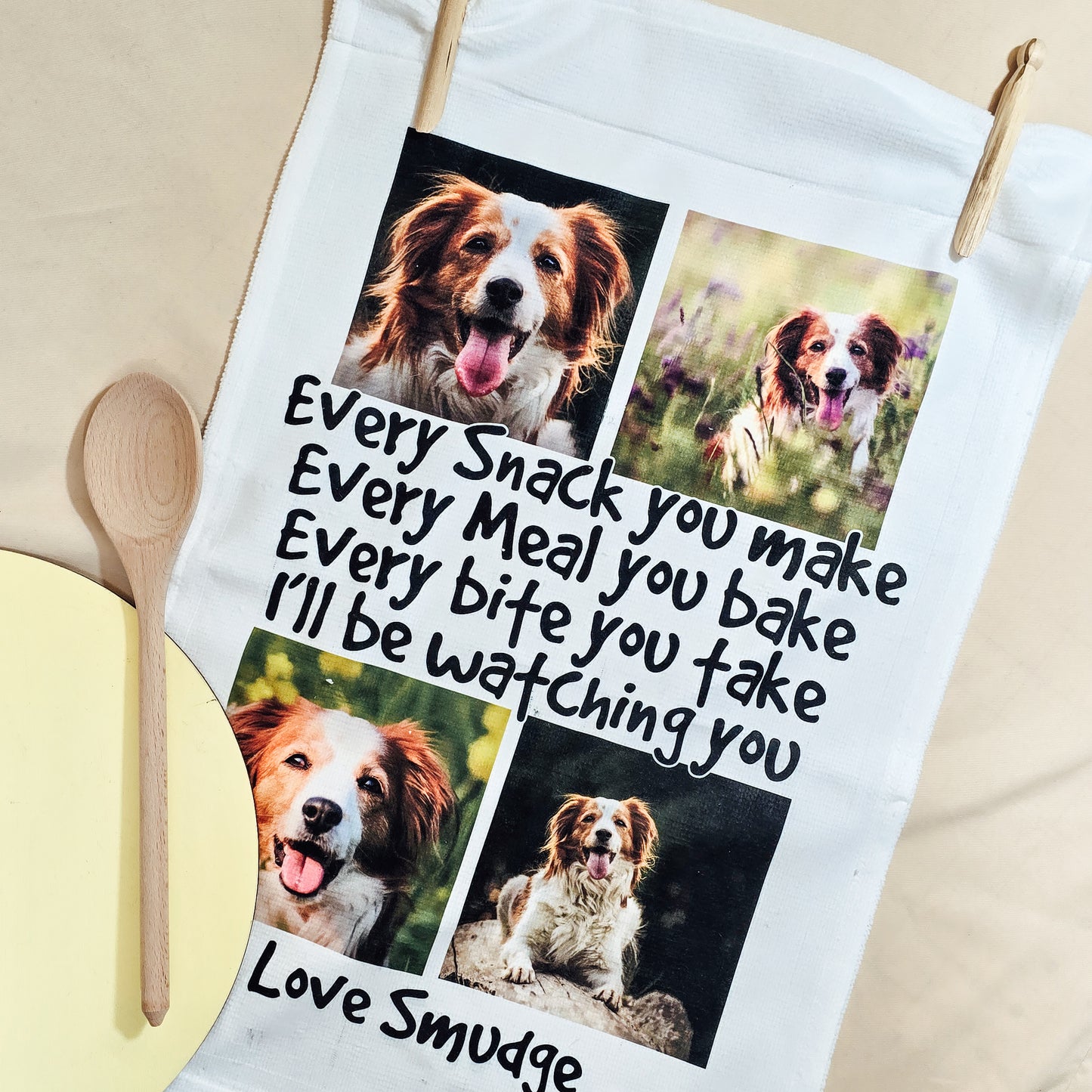 Personalised pet photo collage tea towel with 4 pet photos and customisable text, perfect Mother’s Day gift from a dog or cat.