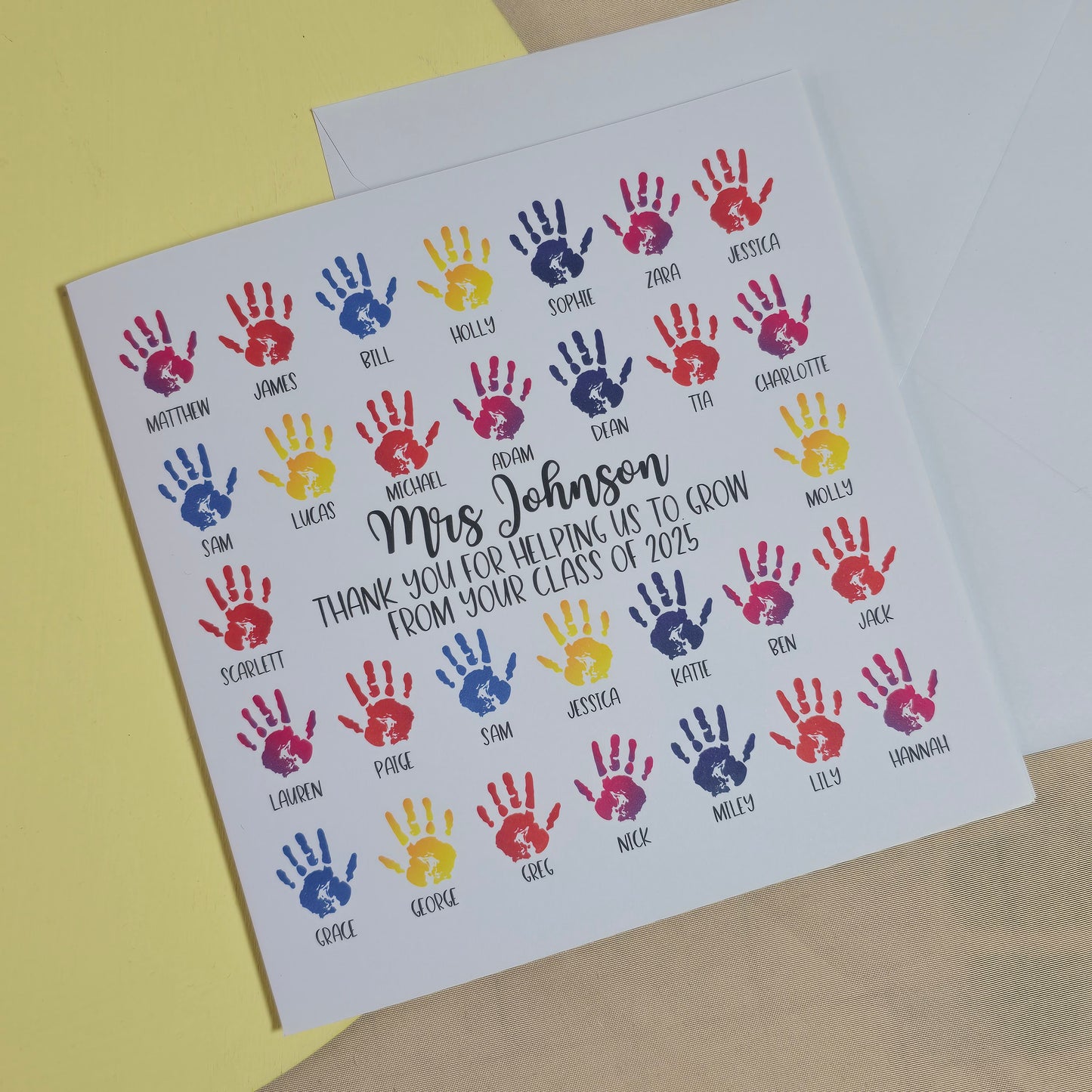 Sheet of paper with colorful handprints and names, likely for a teacher appreciation card.