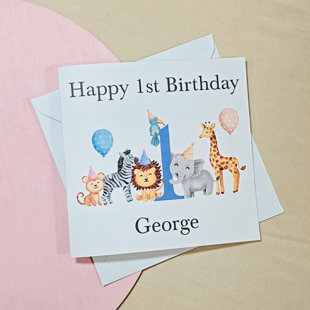 A square white card with safari animals wearing party hats and holding balloons