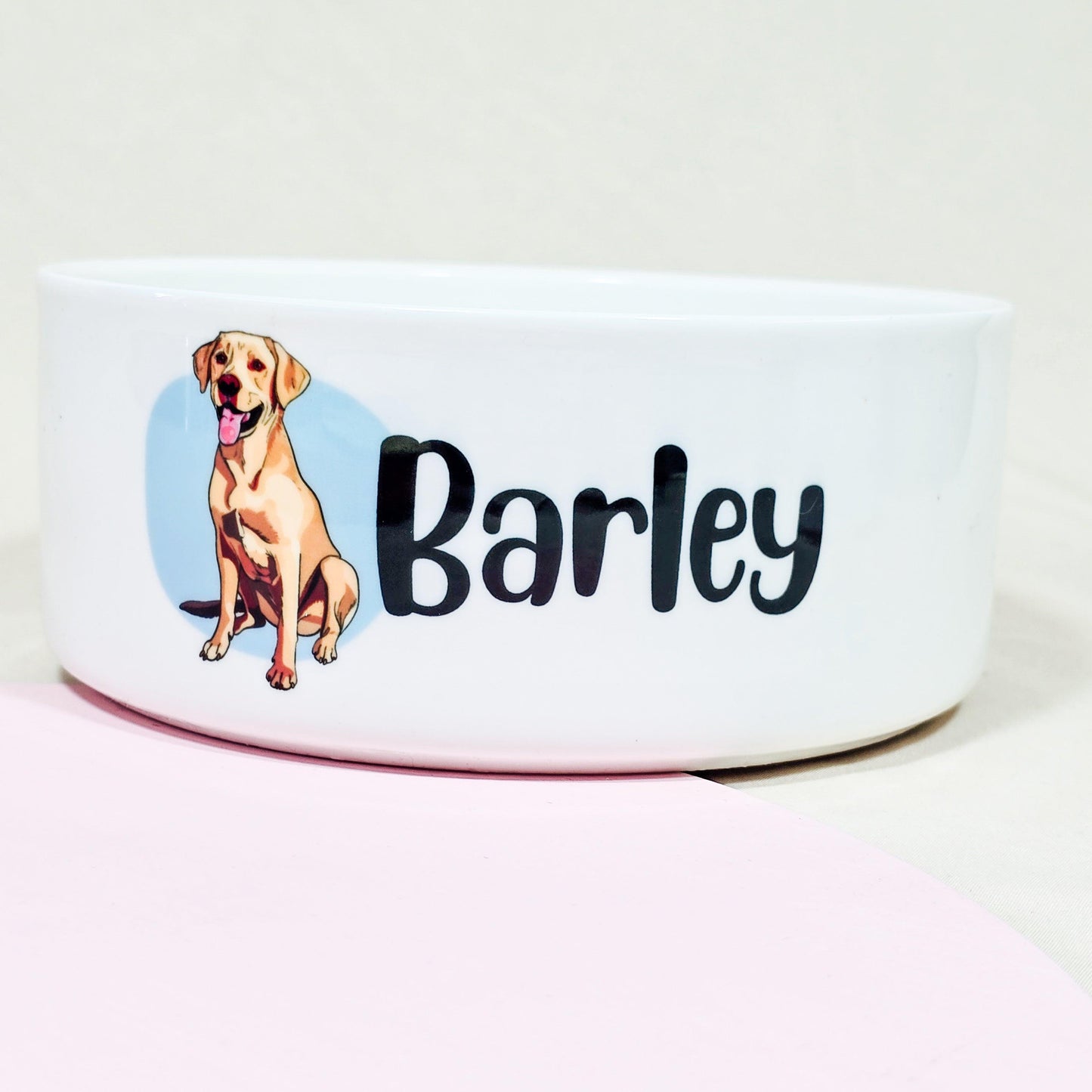 A personalised ceramic dog bowl featuring a cartoon Labrador on a blue background, customisable with the dog's name. Available in small (12cm), medium (15cm), and large (18cm) sizes.