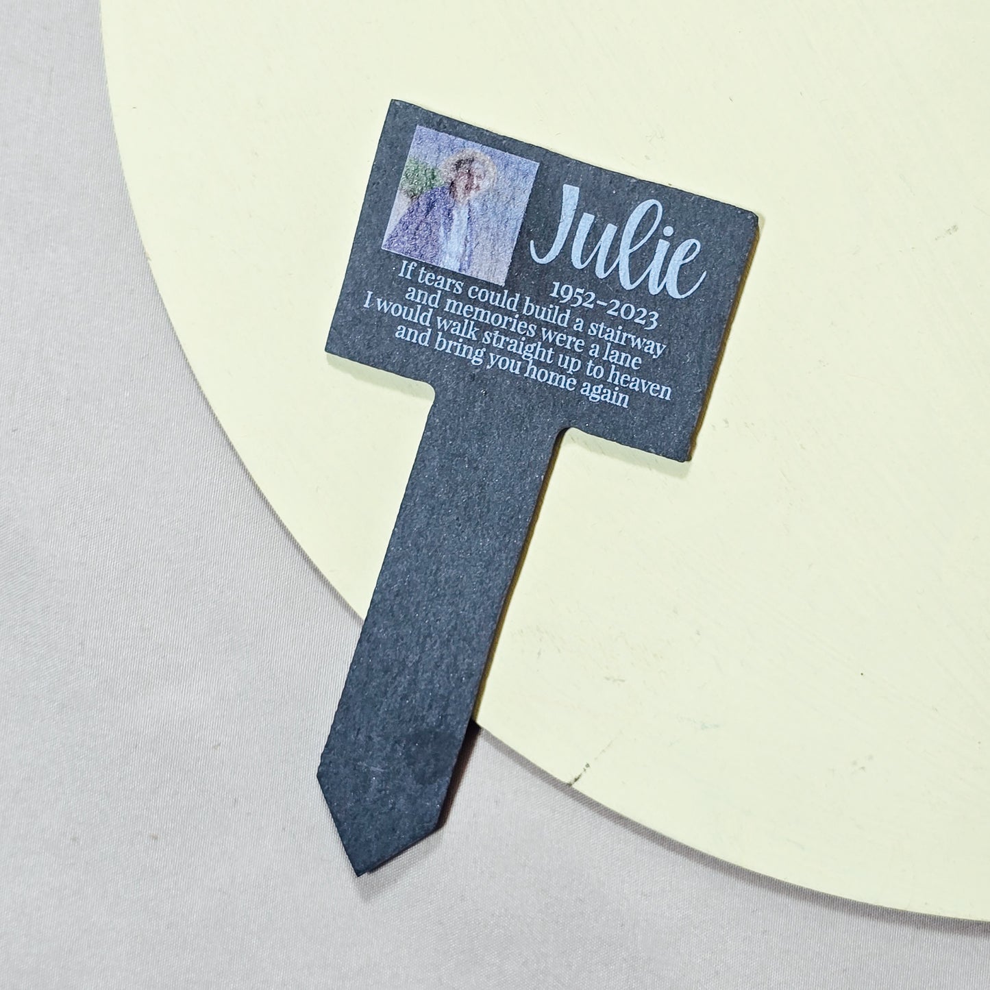 Personalised memorial slate stake with photo, name, dates, and custom message engraved, suitable for a loved one’s outdoor remembrance