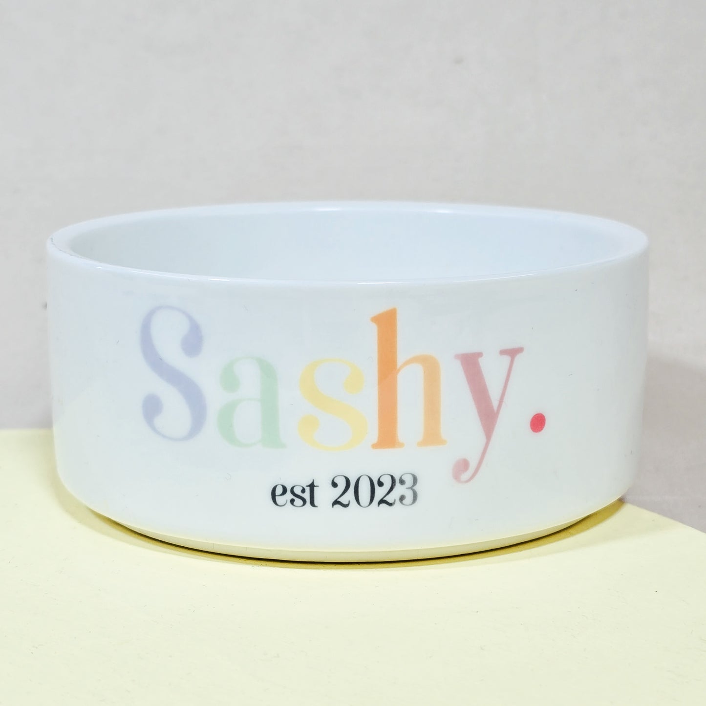 A personalised ceramic pet bowl featuring a pet’s name in soft pastel colors. Available in small, medium, and large sizes, perfect for dogs and cats.