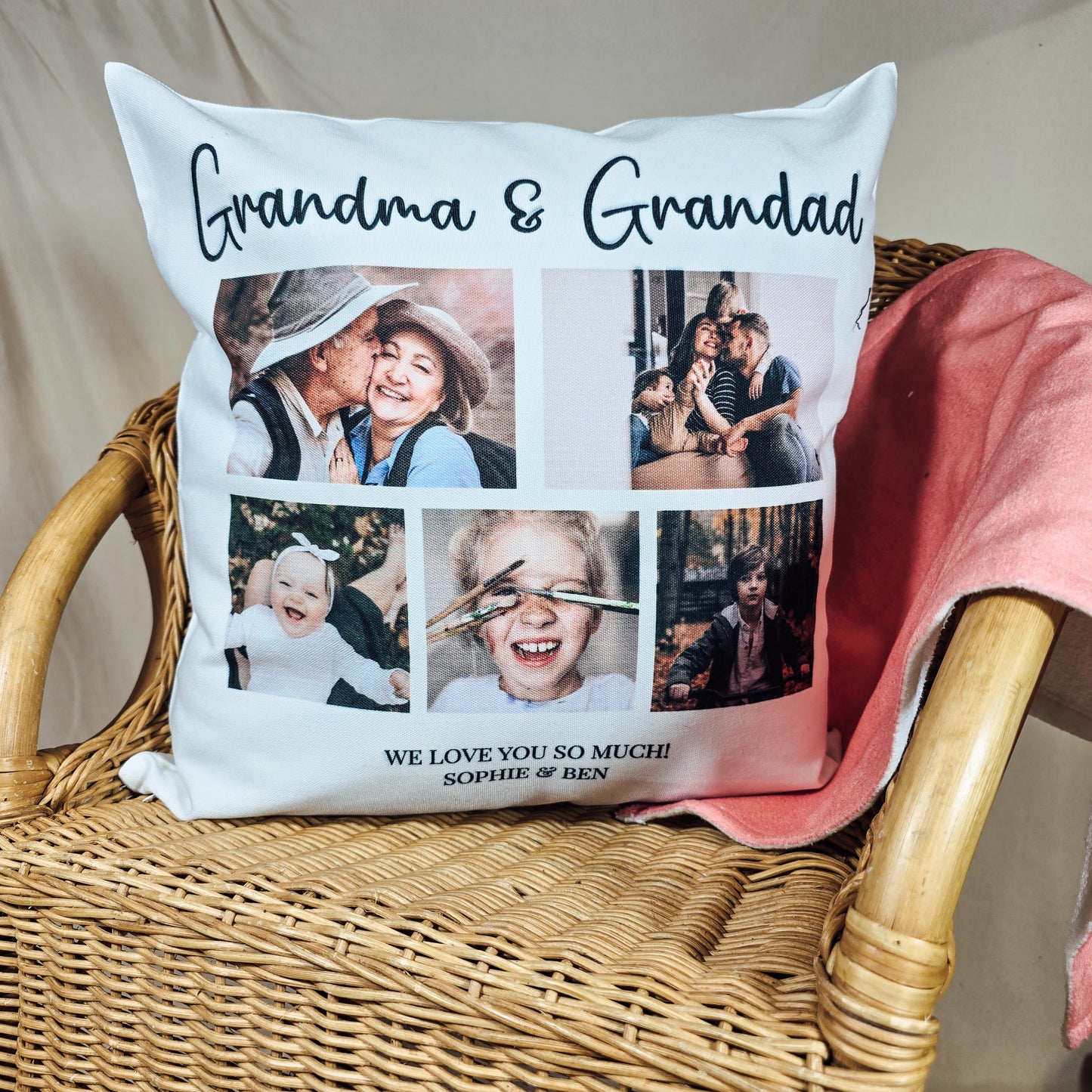 A personalised 5-photo collage cushion cover featuring five images with bold customisable text and a smaller message below, perfect for gifting on special occasions.