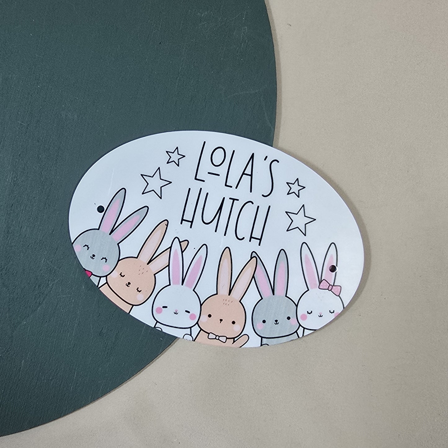 Oval-shaped sign with cartoon bunnies and 'Lola's Hutch' text on a green and beige background