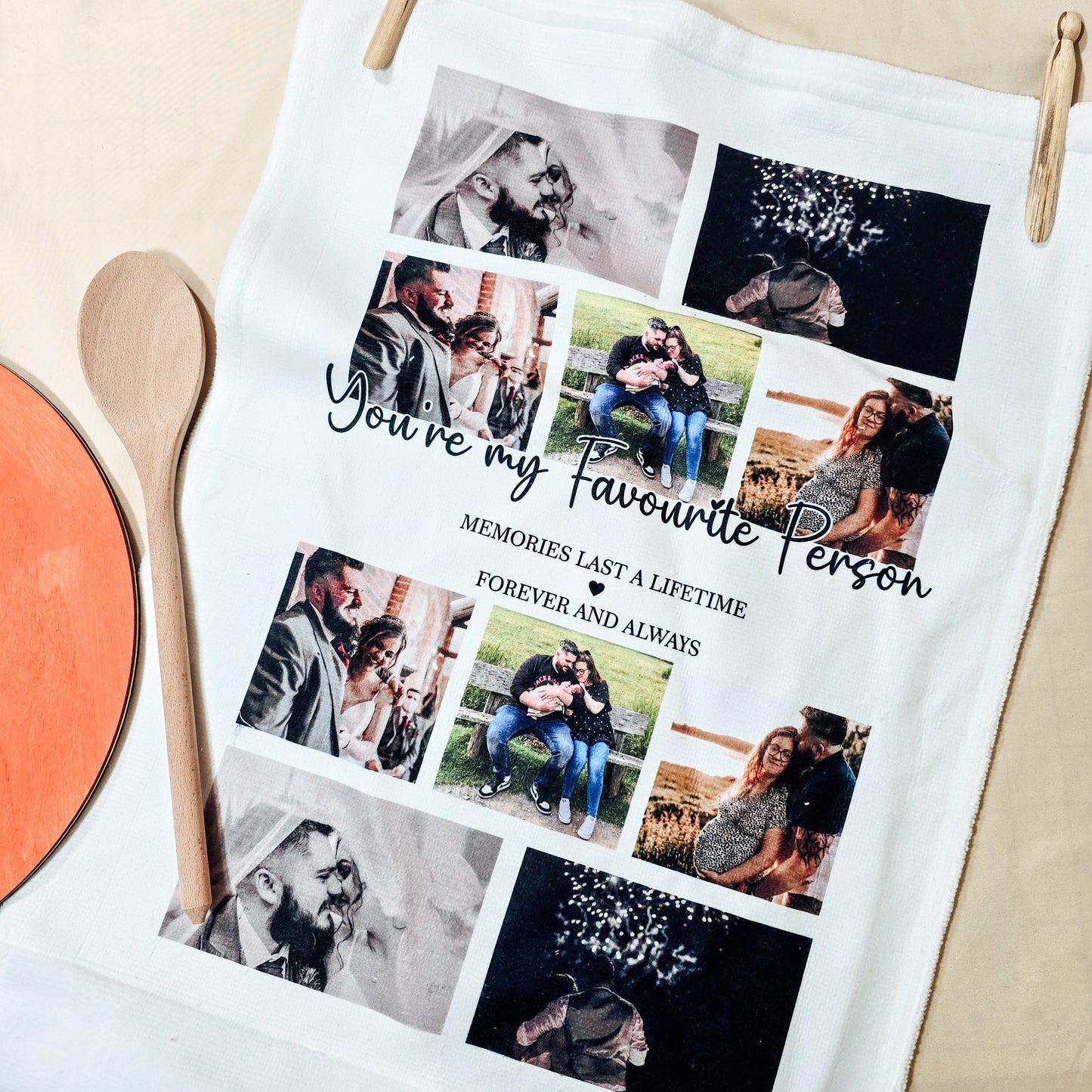 A personalised tea towel featuring a photo collage of up to 12 images, with larger and smaller customisable text. Ideal for anniversaries or Valentine’s Day.
