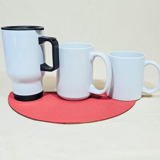 Image showing a size comparison of three white mugs: a 10oz mug, a 15oz mug, and a travel mug. The 10oz and 15oz mugs are both ceramic and dishwasher-safe, while the travel mug features a lid for convenience on the go.