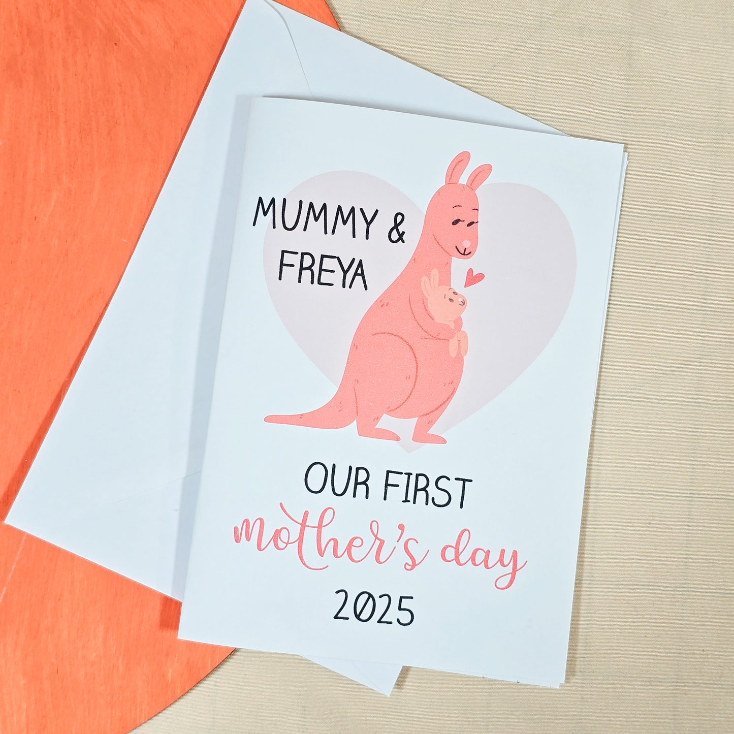 Personalised First Mother’s Day card featuring a mummy and baby kangaroo, with custom name and year, A6 size with envelope.







