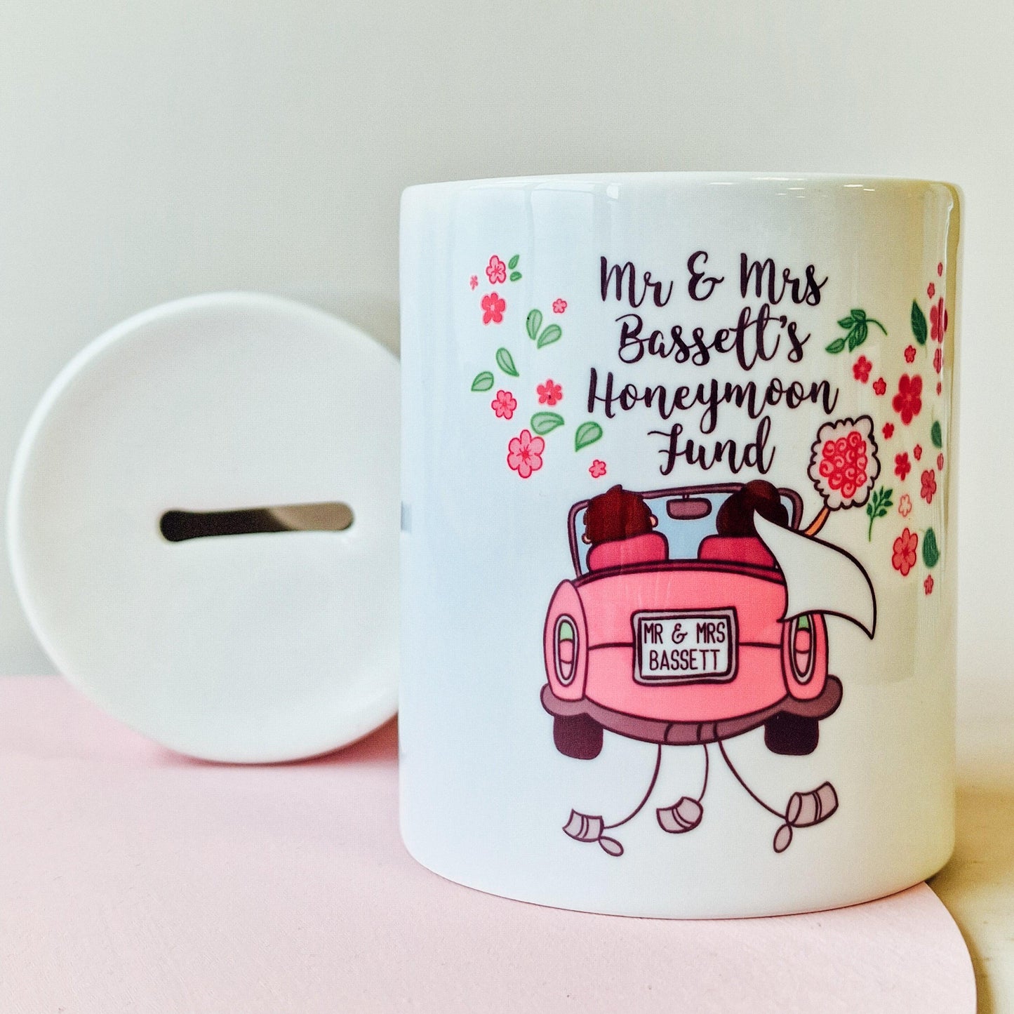 Personalised Honeymoon Fund Money Box – Ceramic with Pink Car Design – Custom Name Number Plate – Wedding Gift – Save for Your Dream Trip