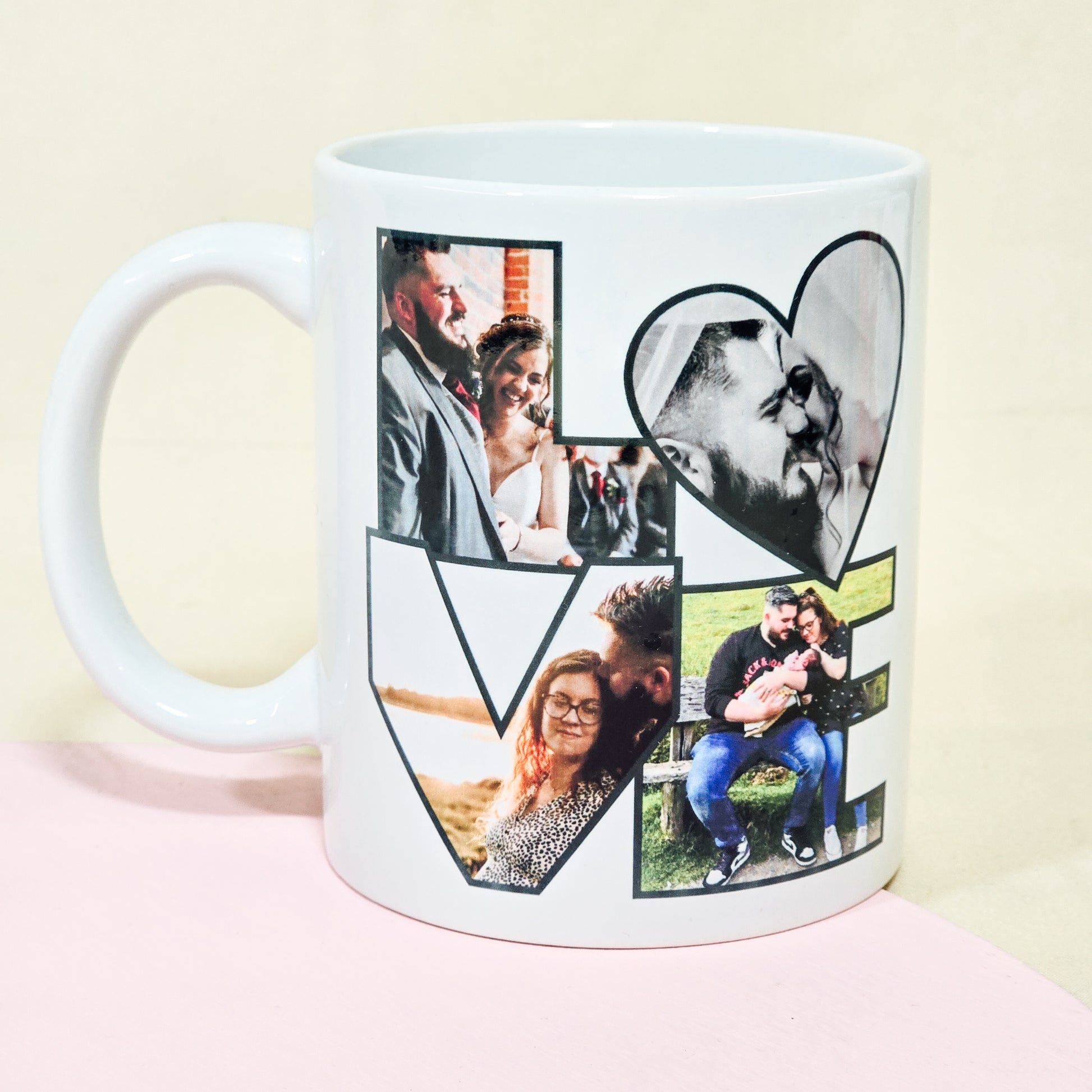 A ceramic mug featuring the word "LOVE" with custom photos inside each letter. A romantic and personalised gift for Valentine's Day or anniversaries.

