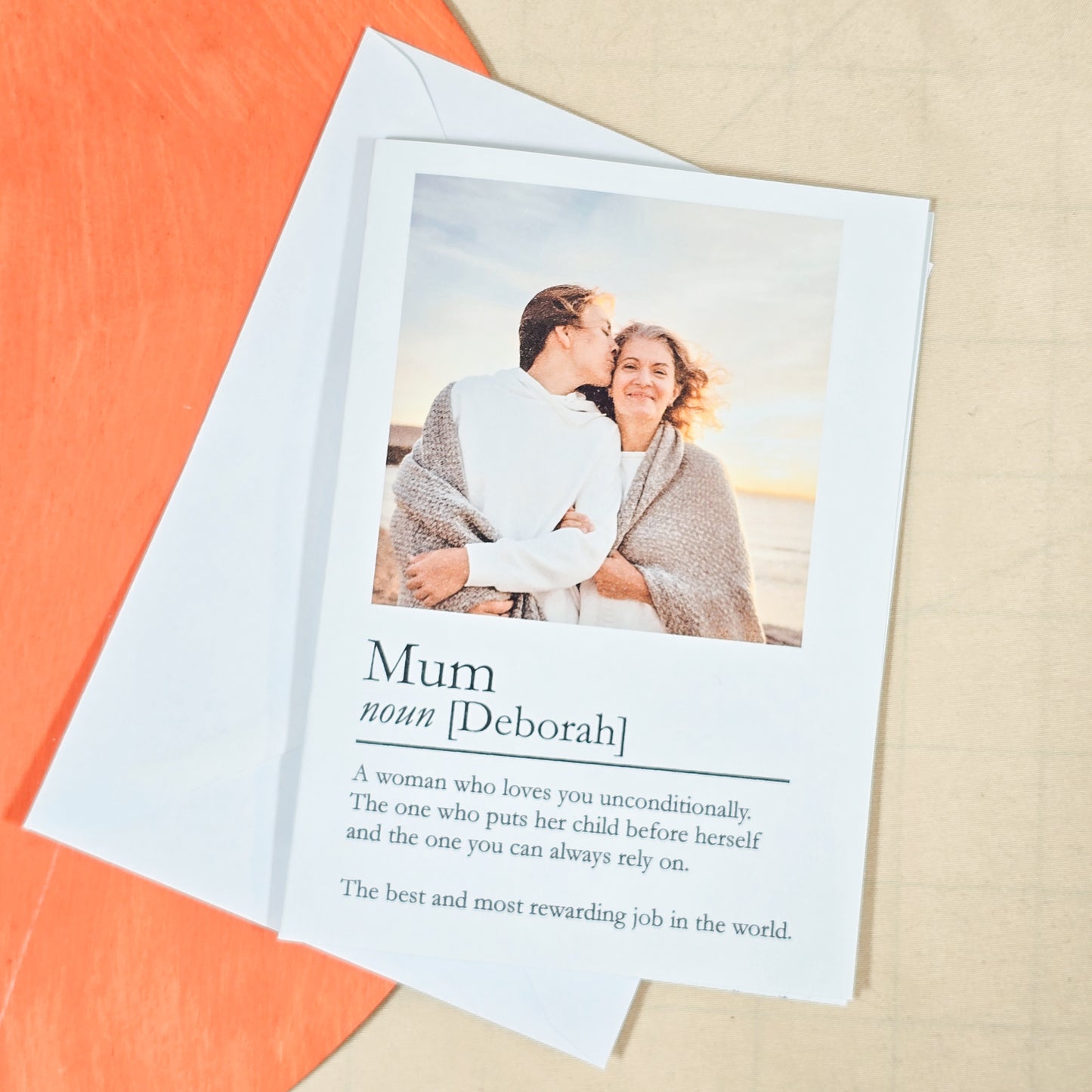 A6 greeting card featuring a personalised photo at the top, with "[Mum/Mummy/Mama] – Custom Definition" written below. Comes with a white envelope.

