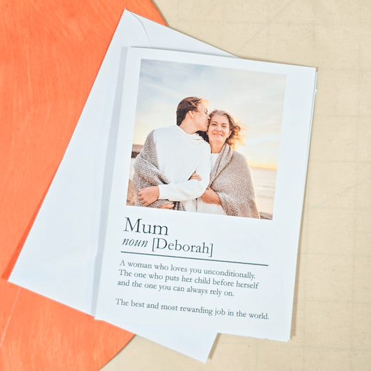 A6 greeting card featuring a personalised photo at the top, with "[Mum/Mummy/Mama] – Custom Definition" written below. Comes with a white envelope.

