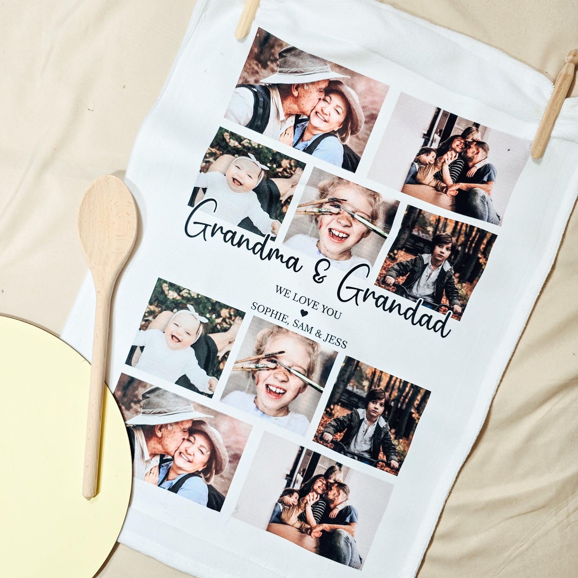 Personalised tea towel with up to 10 custom photos and main text through the centre, perfect for adding a personal touch to your kitchen.
