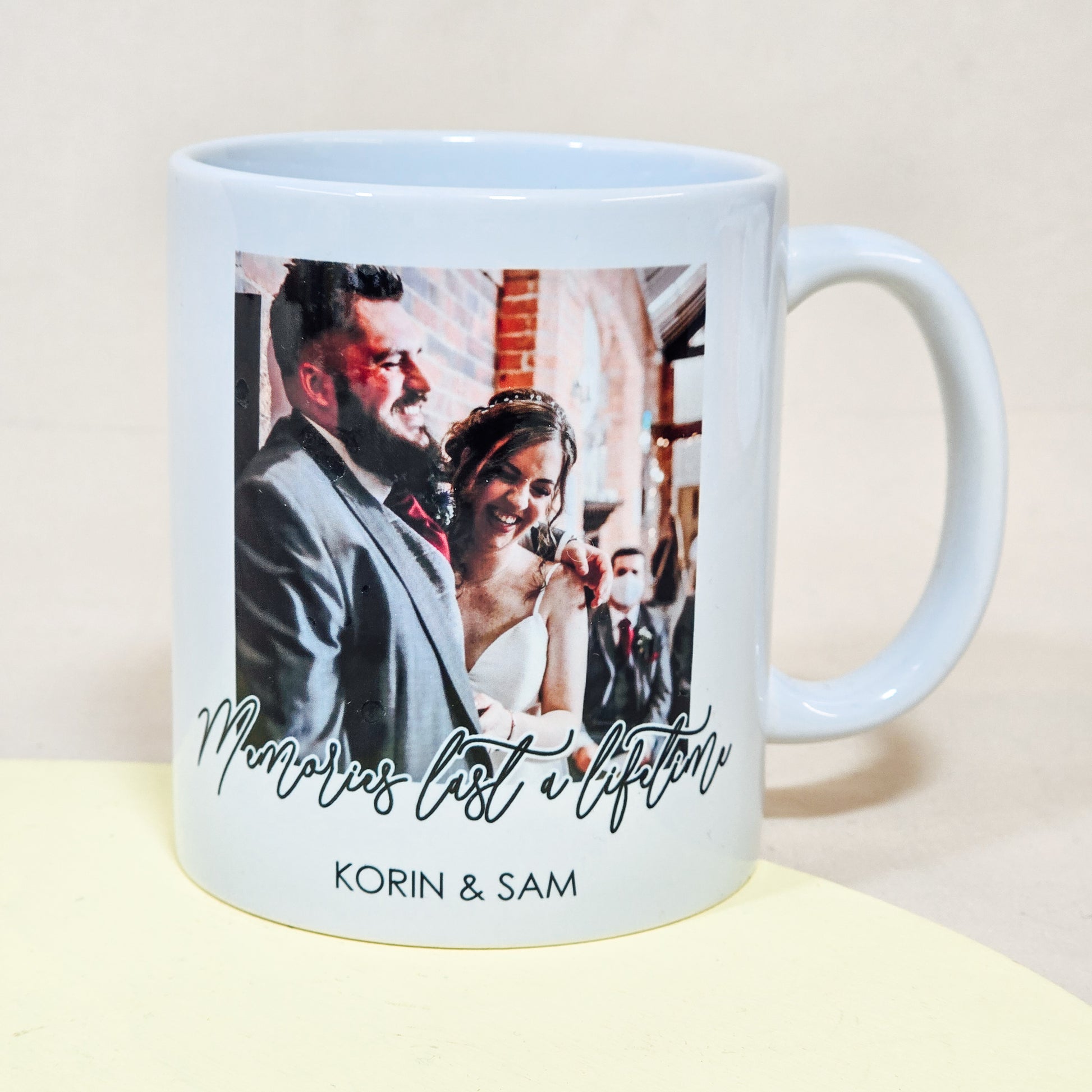 A customisable photo mug featuring a personalised photo, large text, and smaller text, ideal for an anniversary or Valentine's Day gift.

