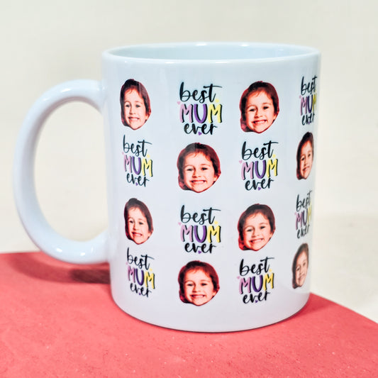 "Personalised Best Mum Ever mug with custom child’s face design, perfect Mother’s Day gift