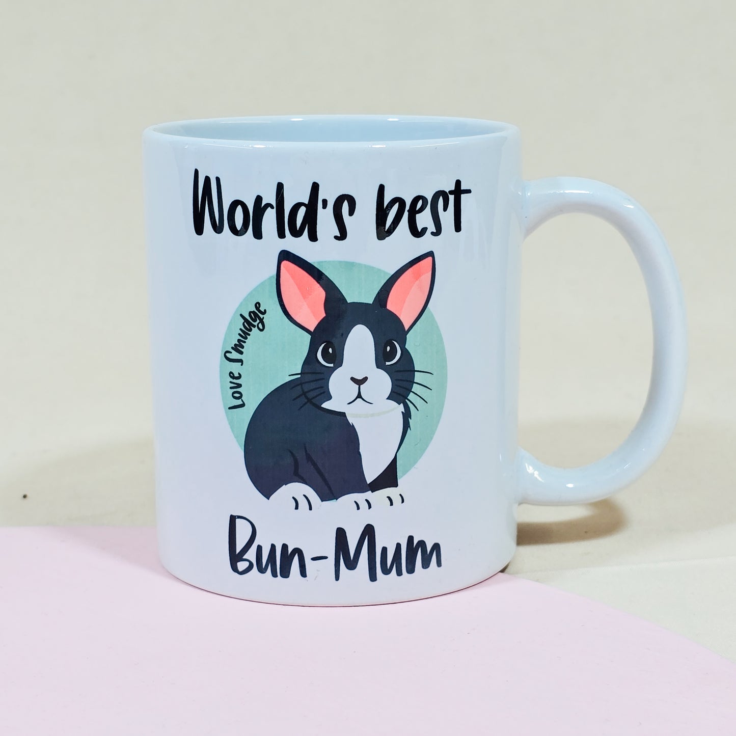 World's Best Bum Mum mug with personalised rabbit design and pet's name, perfect for Mother's Day.

