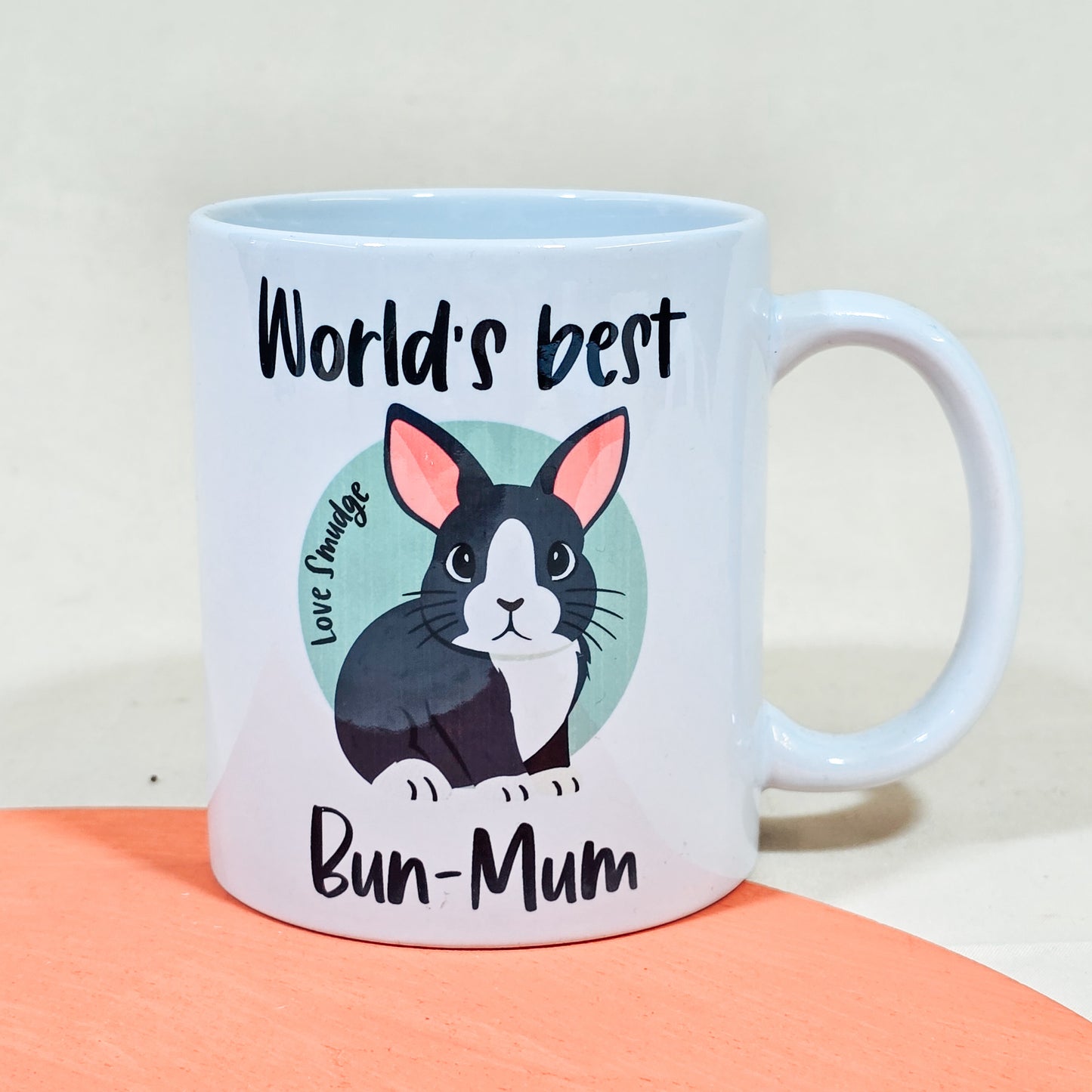 World's Best Bum Mum mug with personalised rabbit design and pet's name, perfect for Mother's Day.

