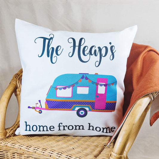 40x40cm cushion cover featuring a caravan design with "Home from Home" and a family name, ideal for adding a personal touch to home décor.