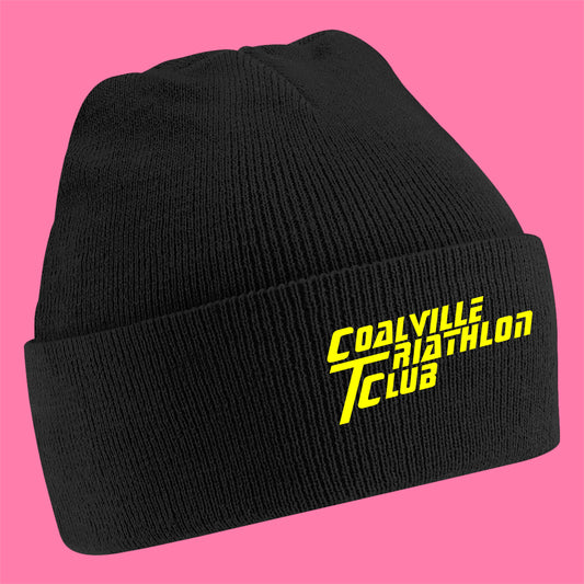 Black beanie with yellow text 'Coalville Triathlon Club' on a pink background