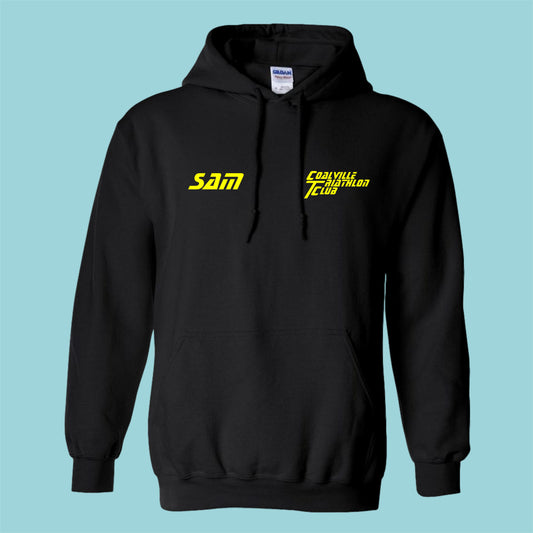 Black hoodie with yellow text on a light blue background
