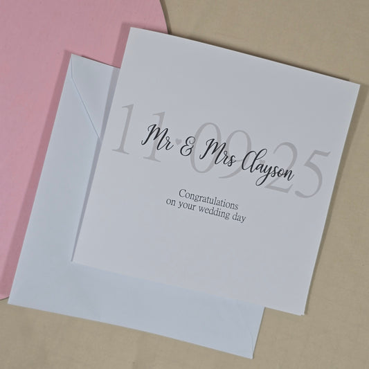 Square wedding card with the message “Congratulations on your wedding day,” featuring the wedding date in the background and the couple’s new name on top.

