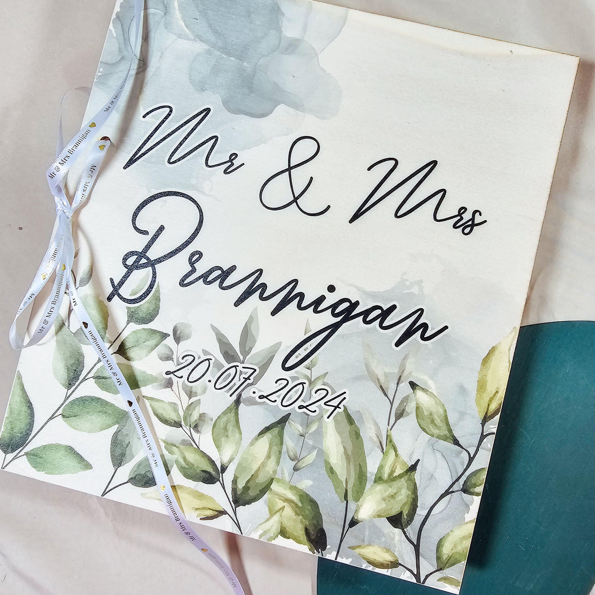 wedding card binder Personalised Wedding Card Book with Eucalyptus Design - Custom Name and Date - Ribbon Card Binder - Keepsake Album for Wedding Cards - Scrapbook