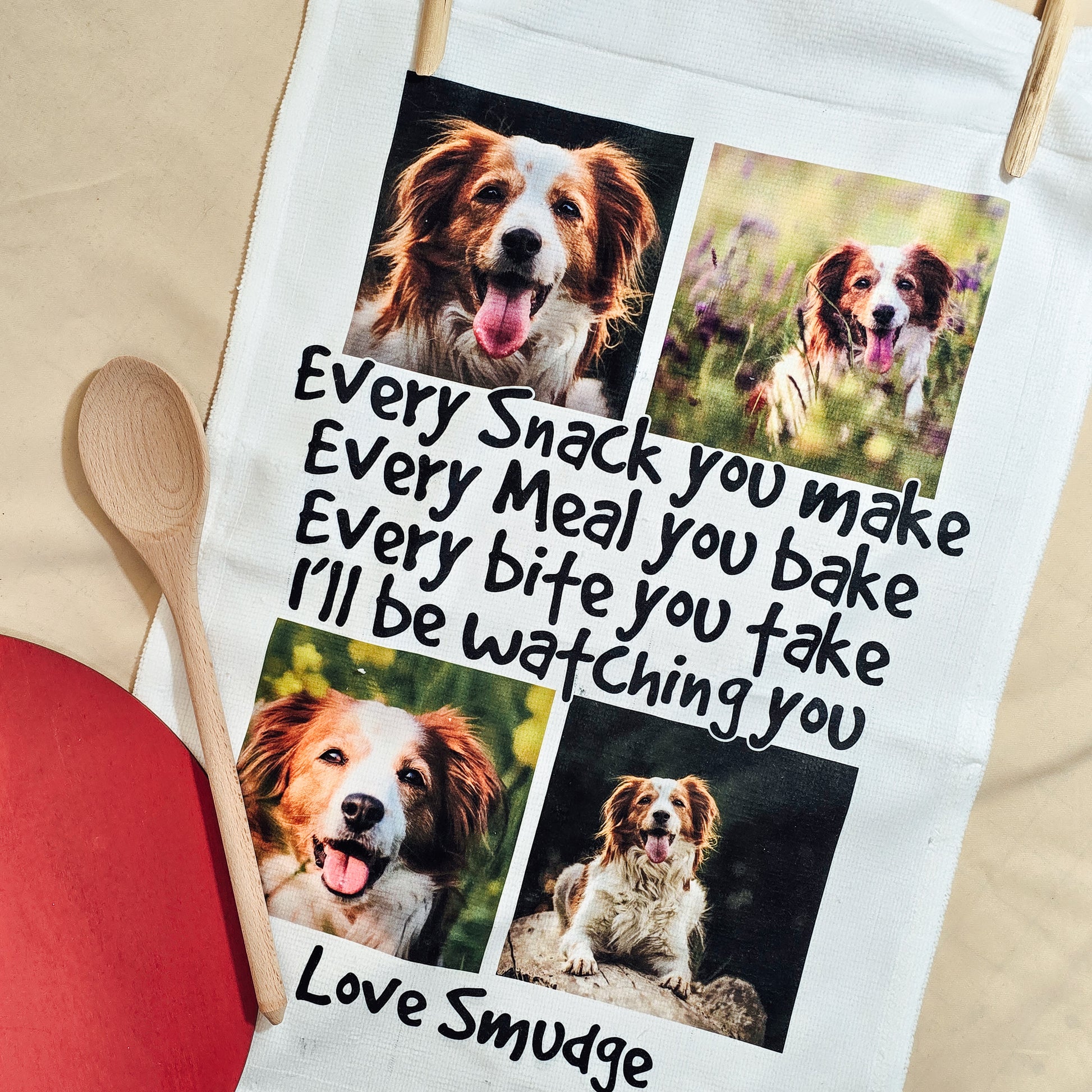 Personalised pet photo collage tea towel with 4 pet photos and customisable text, perfect Mother’s Day gift from a dog or cat.
