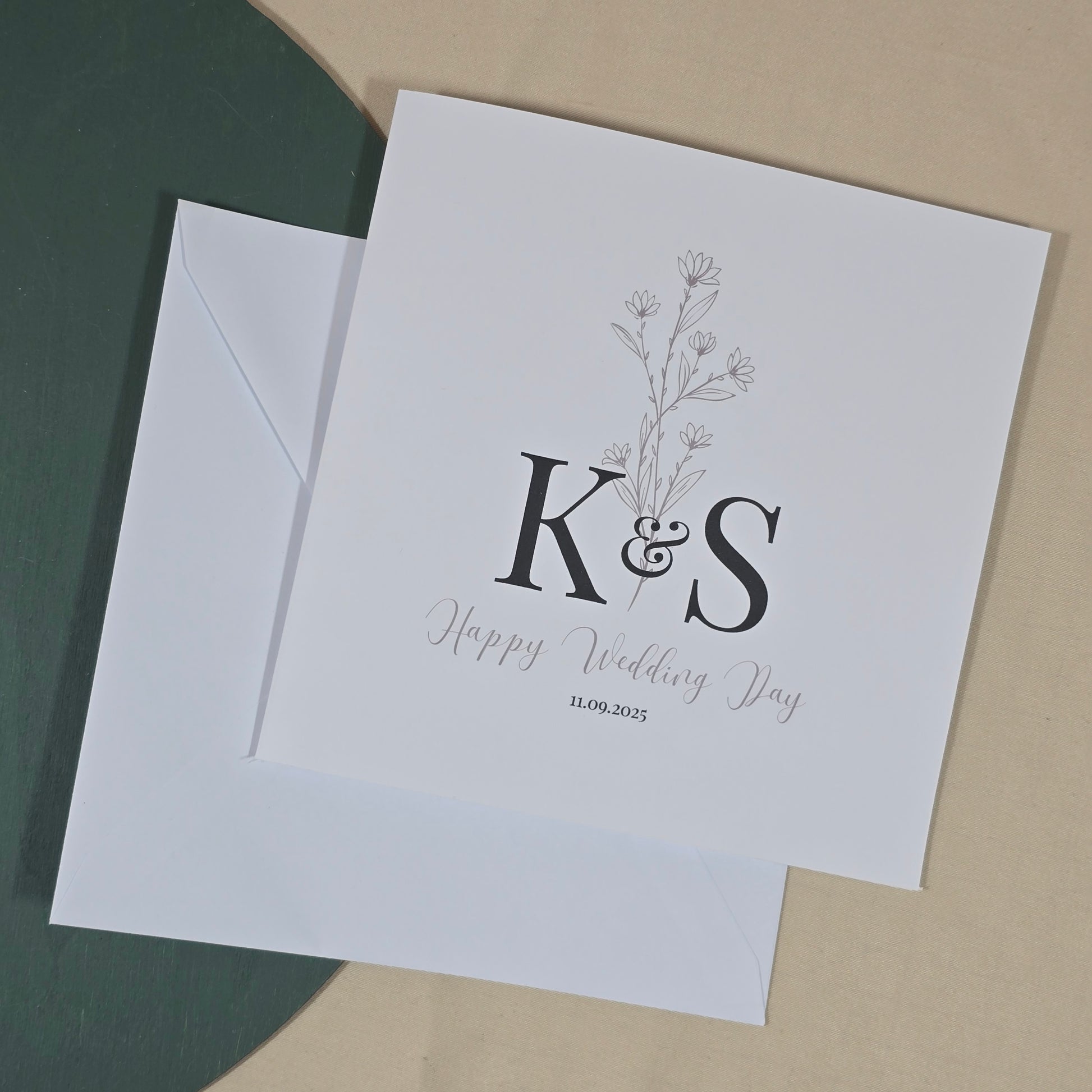 White card with 'K&S' initials and 'Happy Wedding Day' text on a beige background