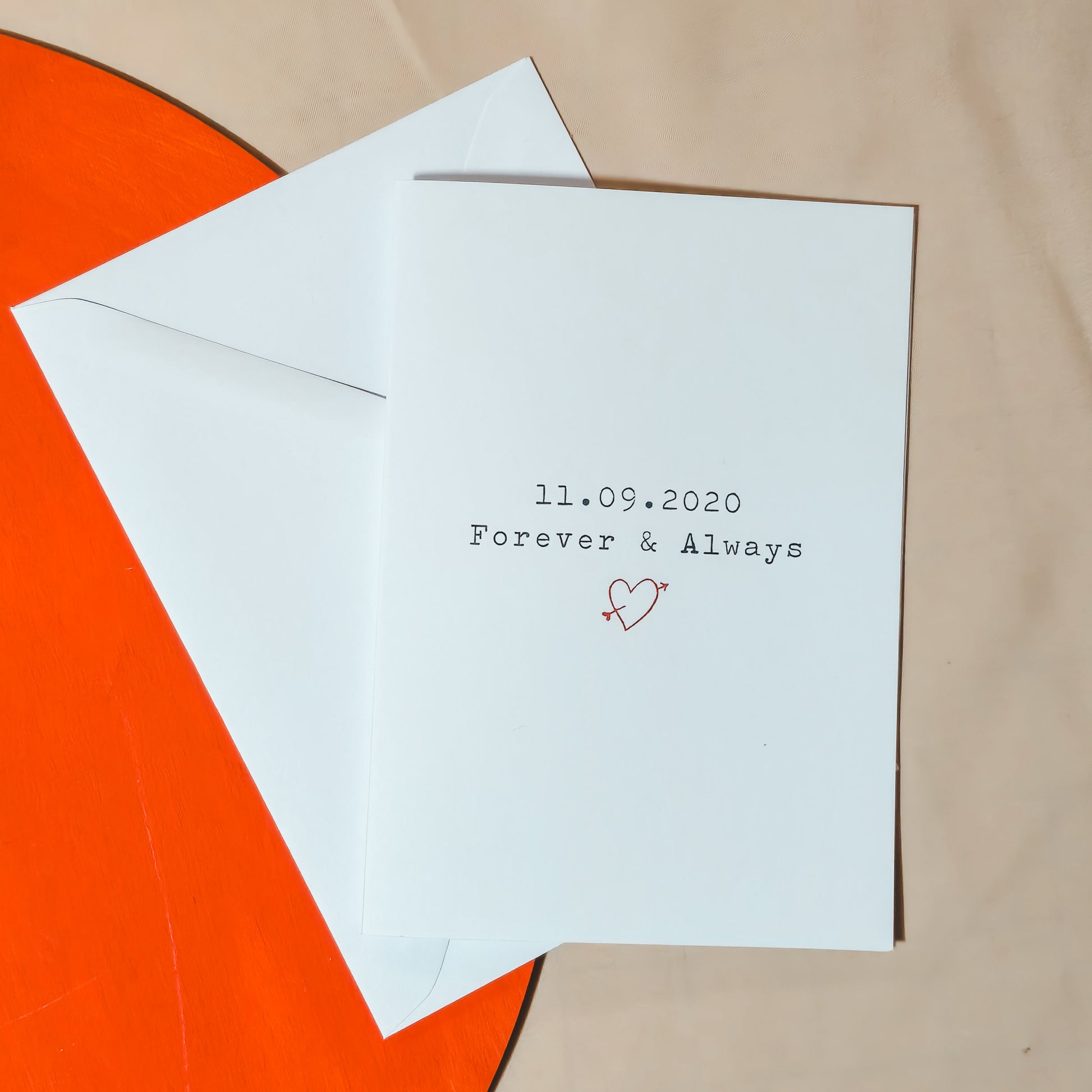 "A6 personalised Valentine's or anniversary card featuring '[Date] Forever & Always' text, ideal romantic gift."
