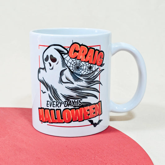 Personalised Halloween mug with the phrase 'Every Day is Halloween' printed on it.