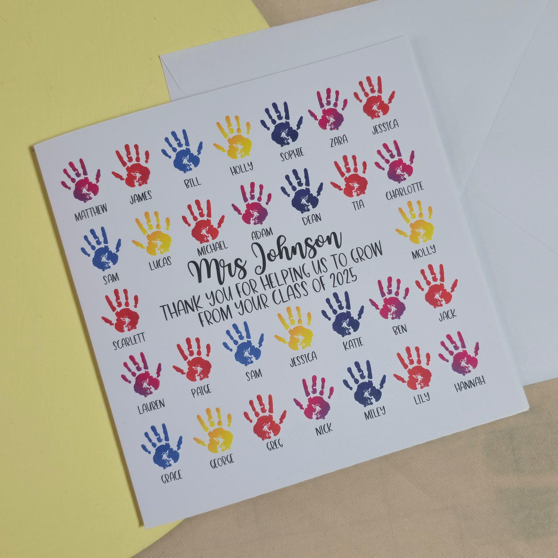 Sheet of paper with colorful handprints and names, likely for a teacher appreciation card.