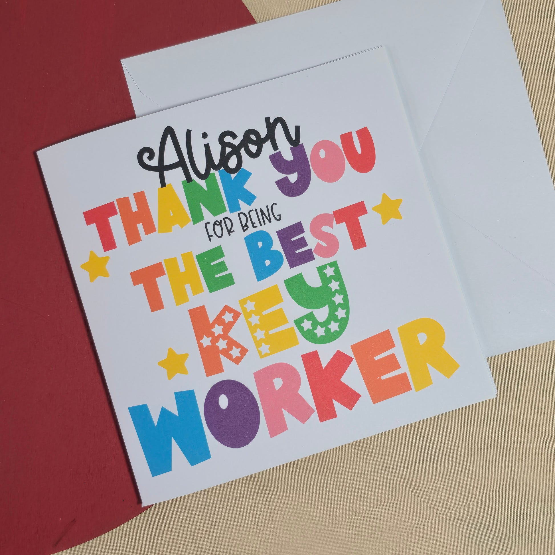 Personalised square thank you card reading “[Name], Thank You for Being the Best Key Worker” in bold text, with white envelope included

