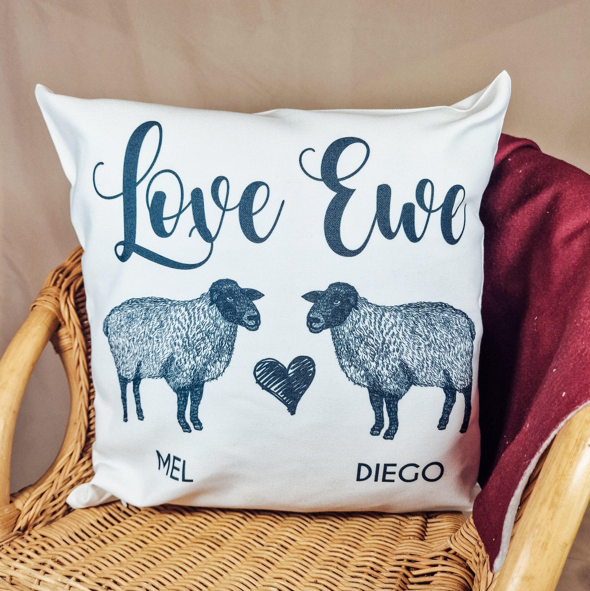 Personalised Sheep Cushion Cover Love Ewe Design Custom Couple's Names 40x40cm Farmhouse Style Cushion Unique Wedding Gift Romantic Decor
