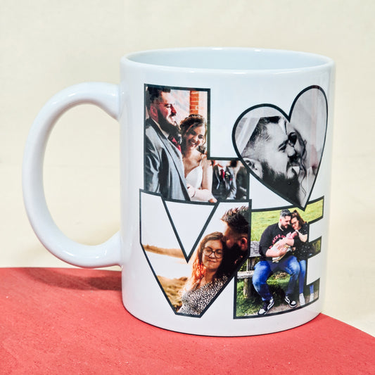 A ceramic mug featuring the word "LOVE" with custom photos inside each letter. A romantic and personalised gift for Valentine's Day or anniversaries.

