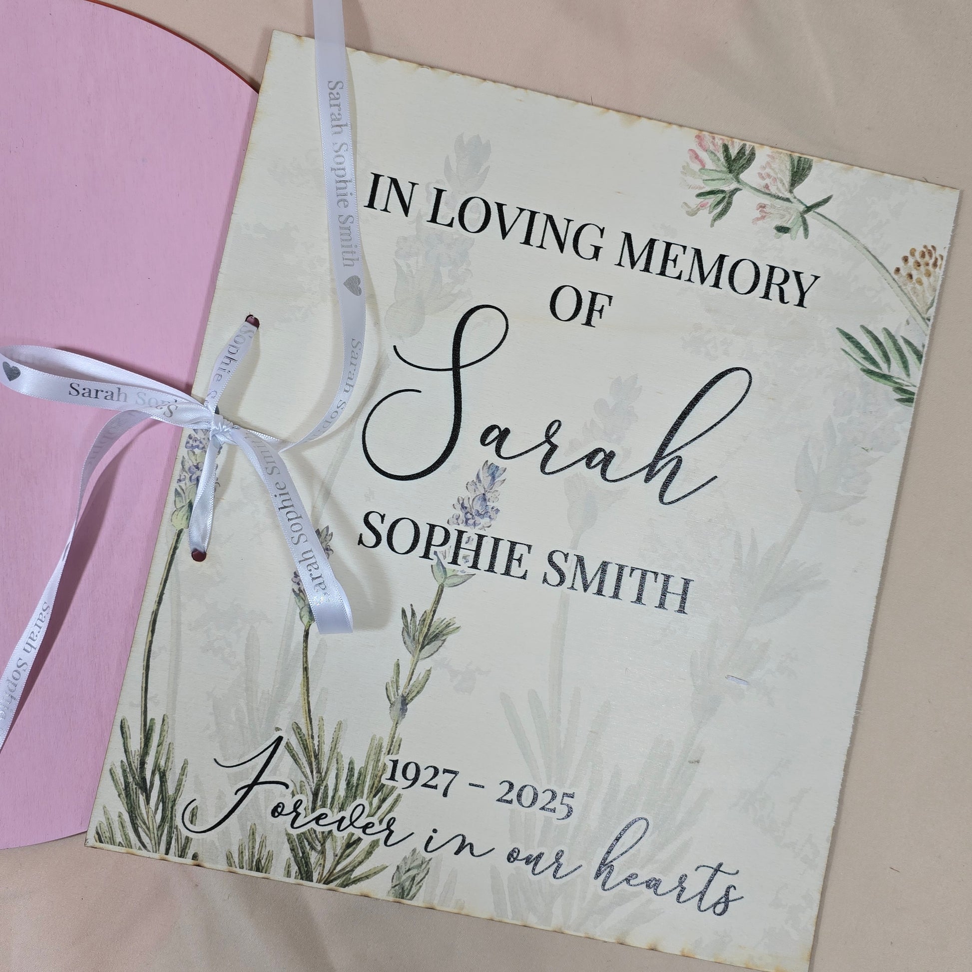 Personalised card book with photo and custom text that reads "In loving memory of [Name], [Date], Forever in our hearts", perfect for storing funeral or sympathy cards.

