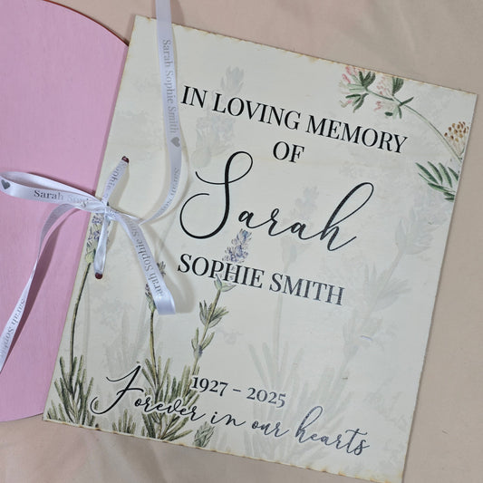 Personalised card book with photo and custom text that reads "In loving memory of [Name], [Date], Forever in our hearts", perfect for storing funeral or sympathy cards.

