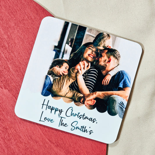 A personalised photo coaster with a custom photo and message, making it a thoughtful Christmas gift or stocking filler. Durable and perfect for any home or office setting.