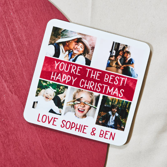 A personalised photo coaster featuring 5 custom photos with a special message, perfect as a Christmas gift or home decor accessory.