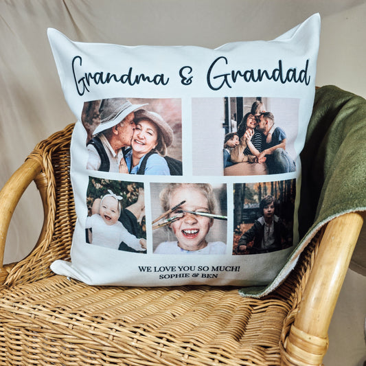 A personalised 5-photo collage cushion cover featuring five images with bold customisable text and a smaller message below, perfect for gifting on special occasions.






