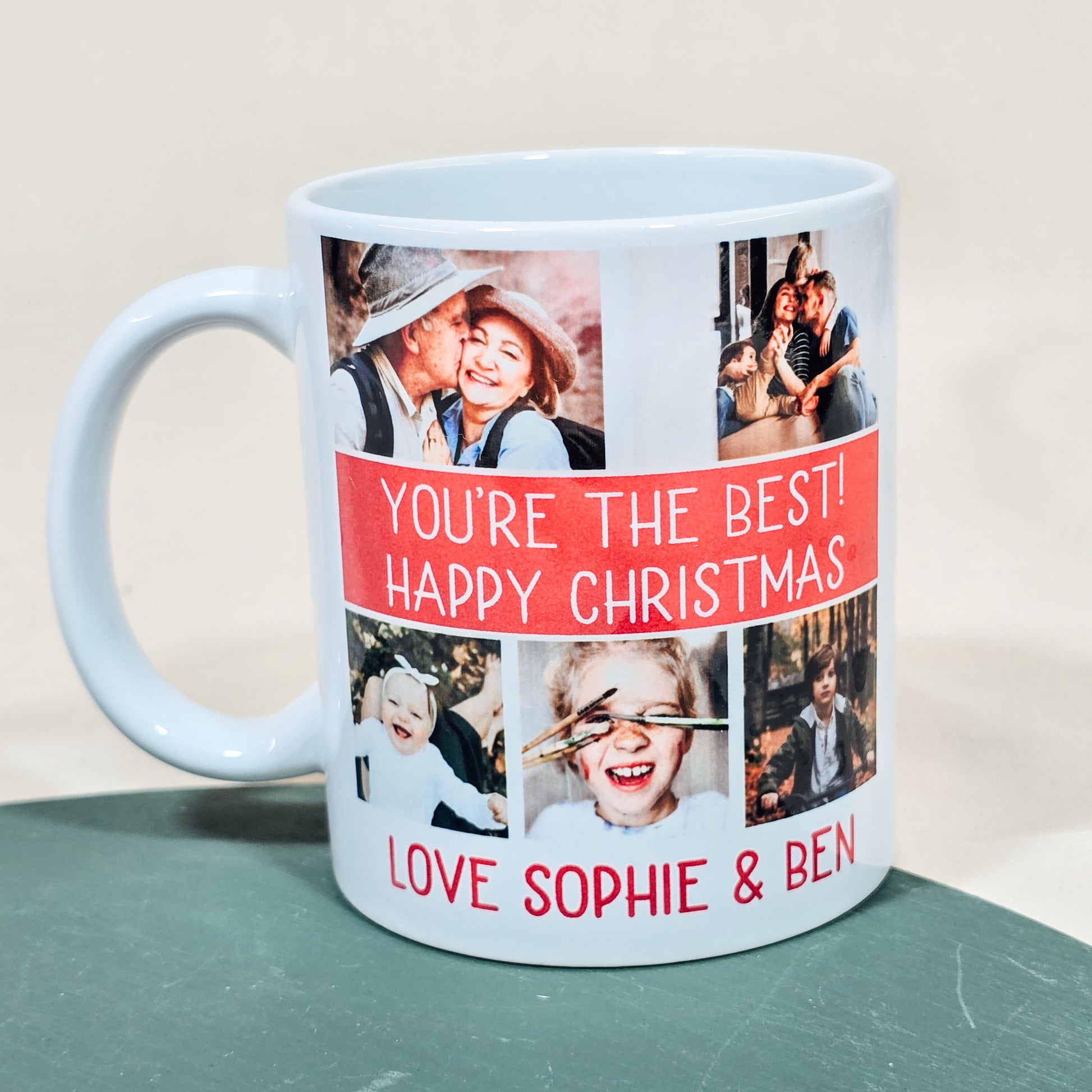 A personalised ceramic photo collage mug featuring five custom images and a personalised message, perfect for Christmas or as a festive gift.