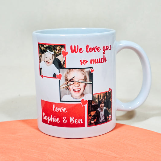 Photo collage mug with three photos, love hearts, and a short personalised message.