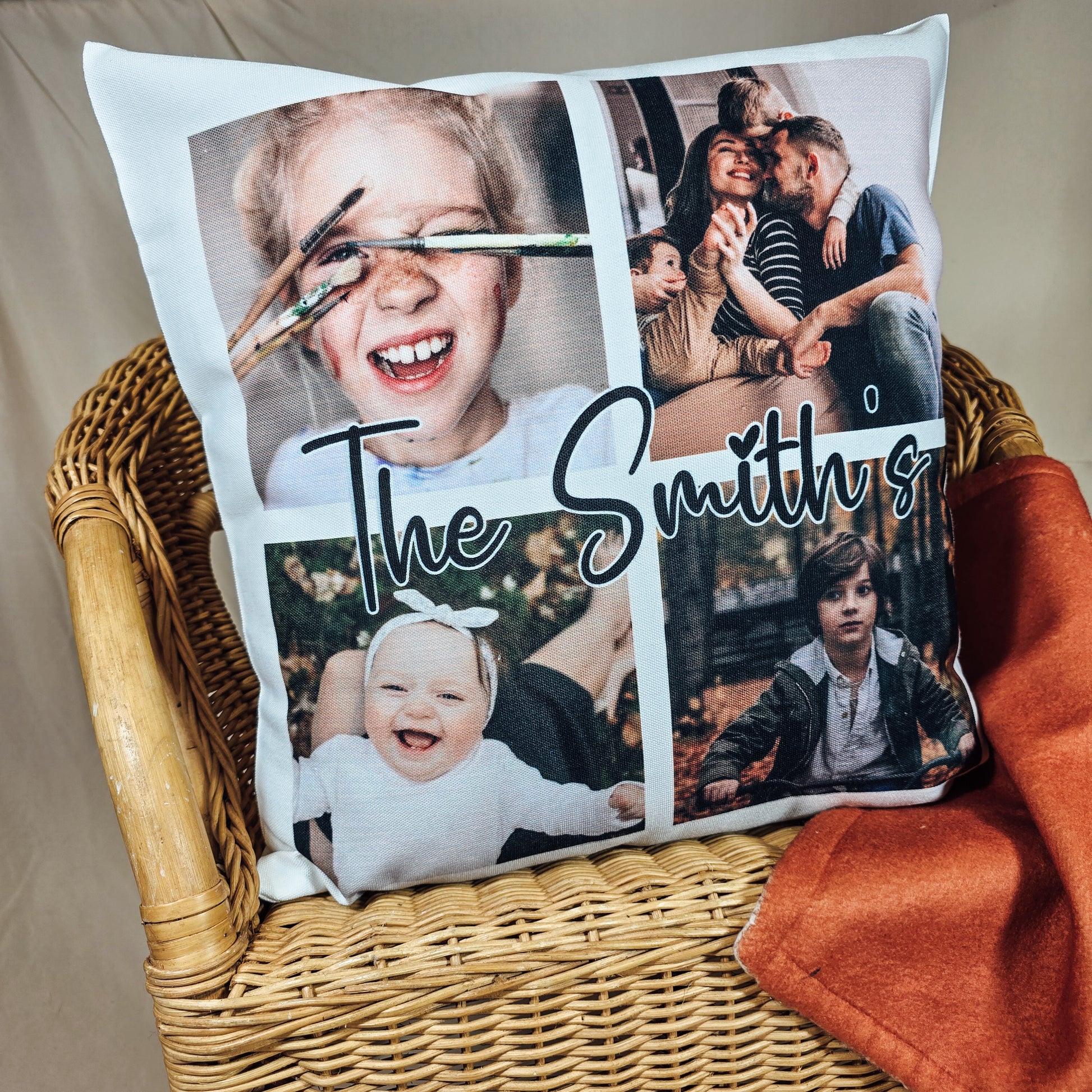 Personalised photo cushion cover displaying four photos with text across the middle, perfect as a Christmas gift.






