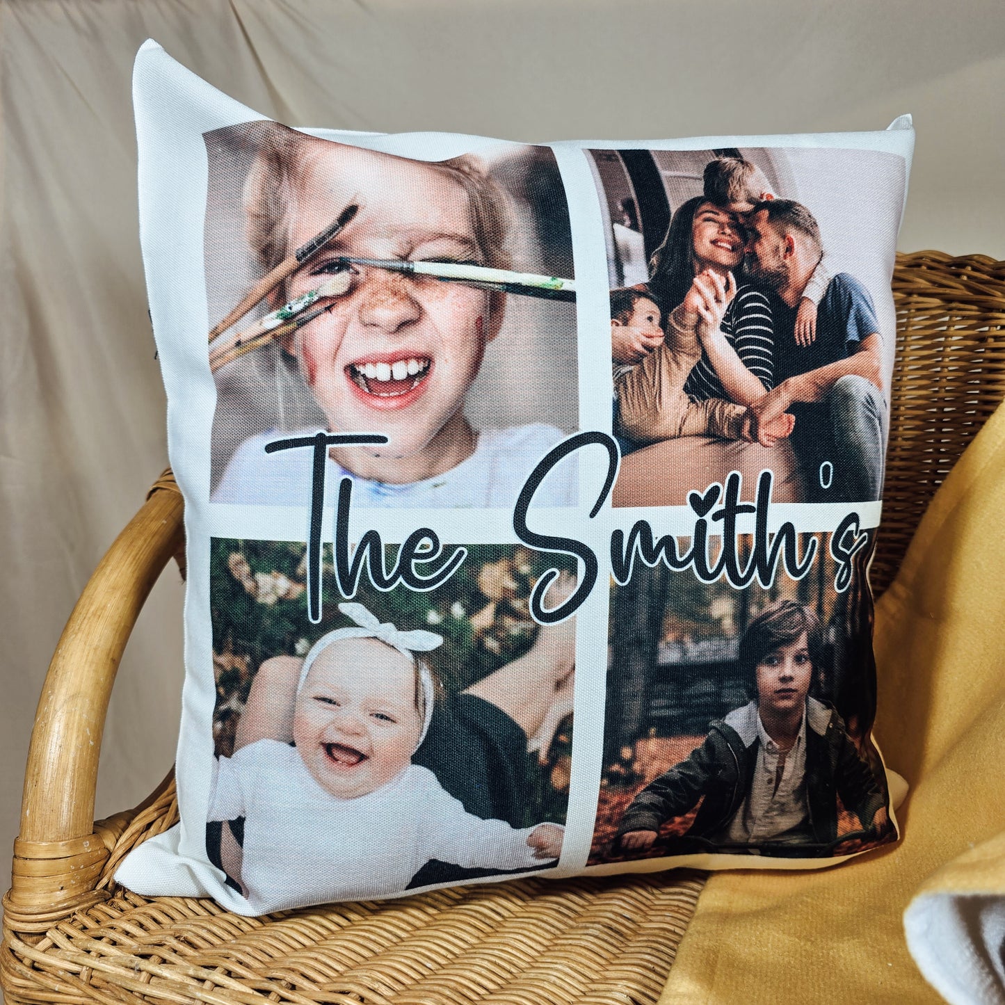 Personalised photo cushion cover displaying four photos with text across the middle, perfect as a Christmas gift.






