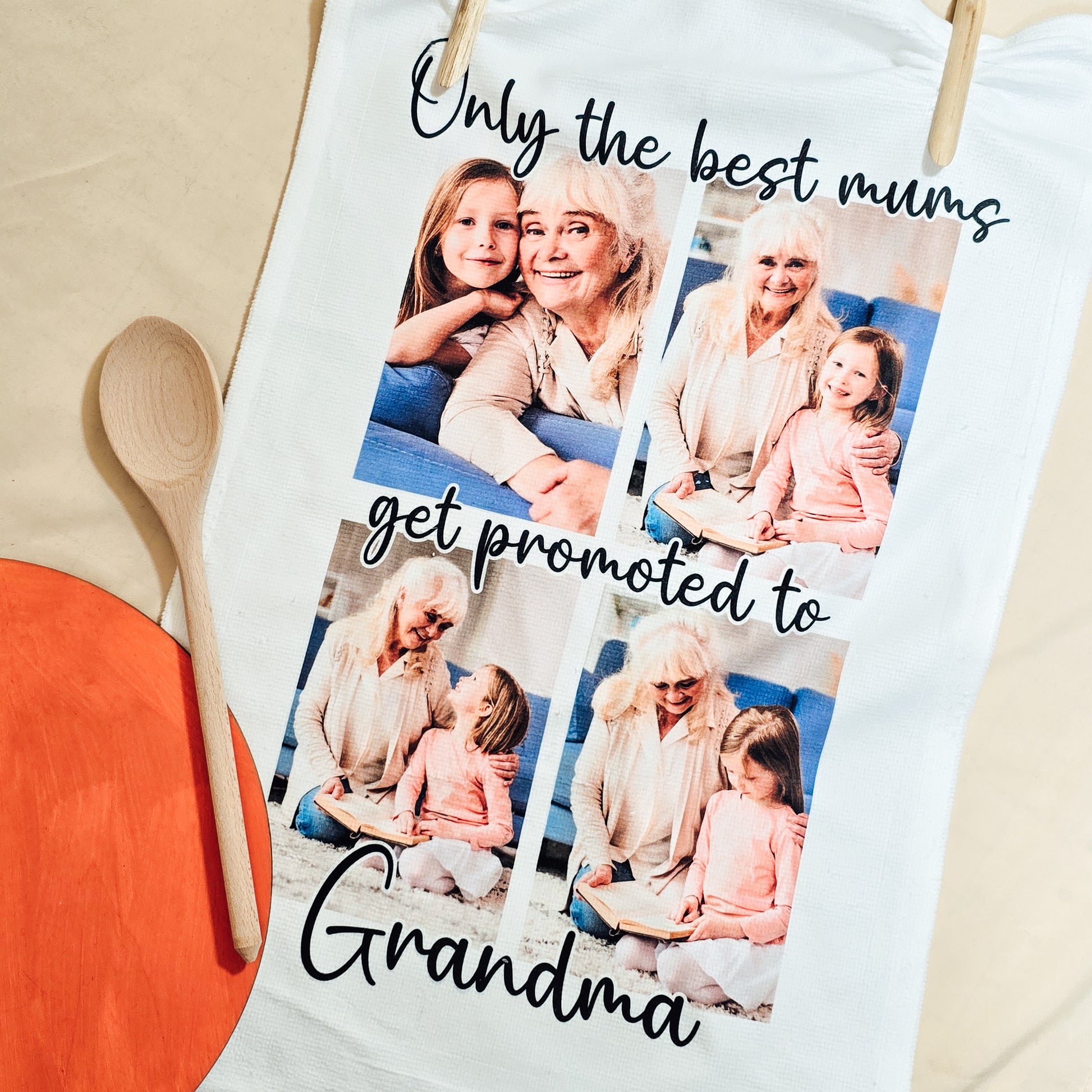 Personalised tea towel with "Only the Best Mums Get Promoted to Grandmas" text and photo collage of 4 pictures.
